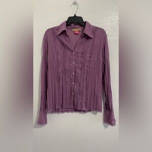 Vintage Notations Pleated Purple Button Down Shirt